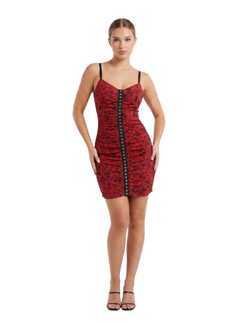 Vintage Betsey Johnson Red Black Tattoo Graphic Ruched Bodycon Tank Dress Y2K S